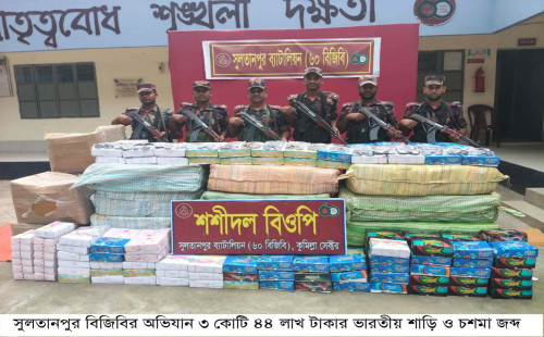 সুলতানপুর বিজিবির অভিযান, ৩ কোটি ৪৪ লাখ টাকার ভারতীয় শাড়ি ও চশমা জব্দ 